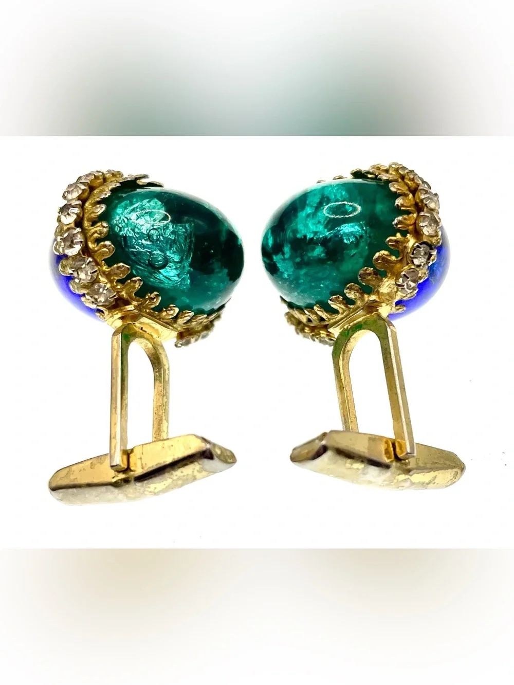 Vintage Blue Green Art Glass Rhinestone Gold Tone Cufflinks MCM Statement